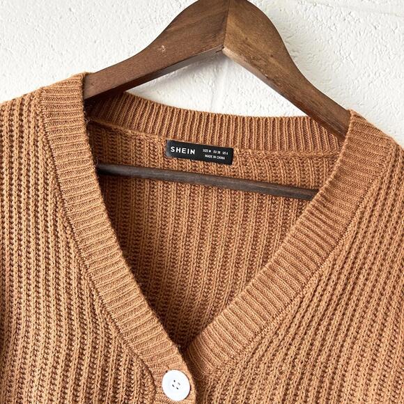 Shein Brown Chunky Knit Button Up Cropped Cardigan Women’s Medium - Picture 3 of 4